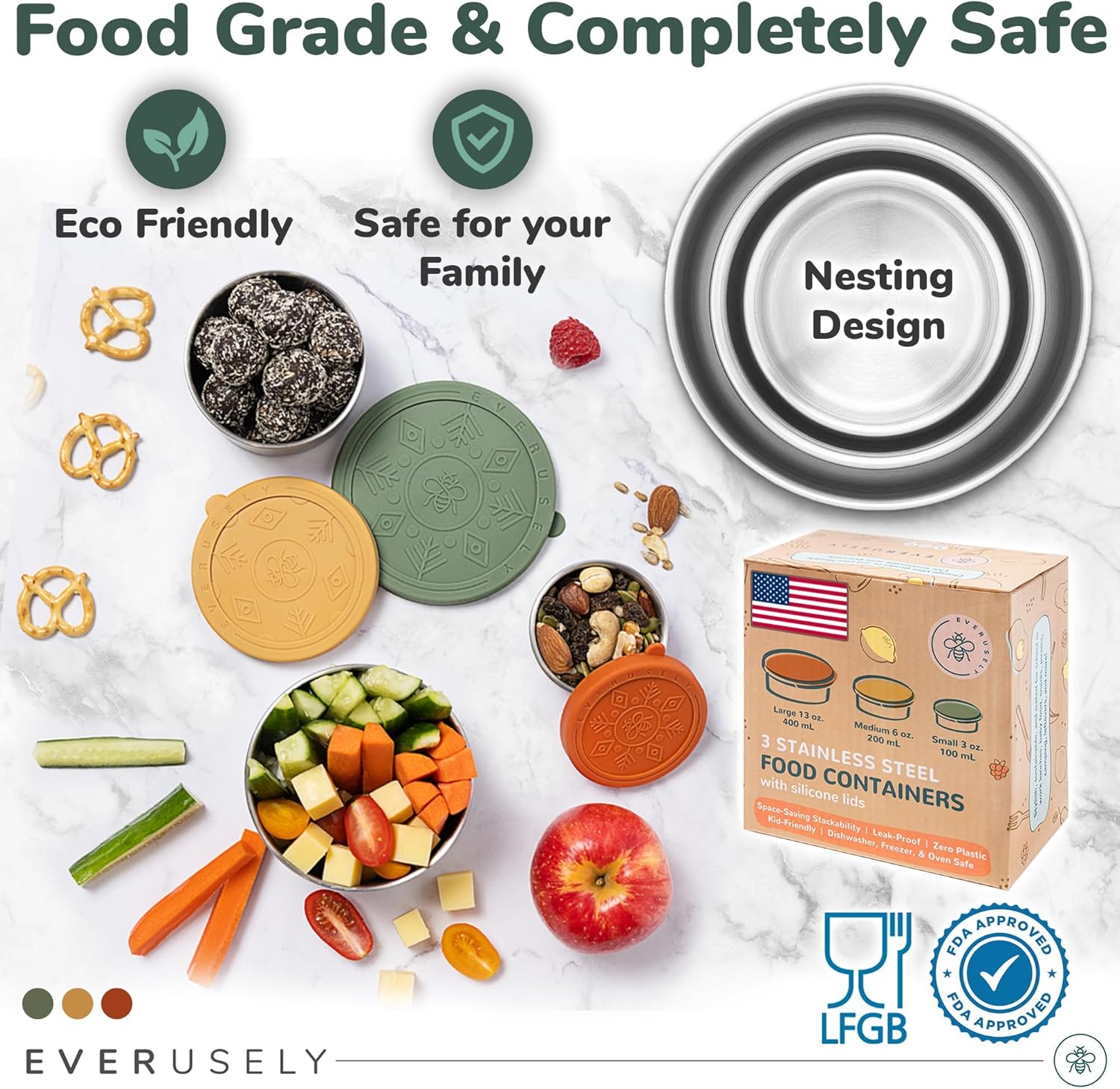 Everusely - Stainless Steel Food Containers - 3 Pack, Muted - Metal Lunch Box - Nesting Snack Containers for Office, Home Food Storage - Leakproof Silicone Lids - Dishwasher and Freezer Safe - Image 4