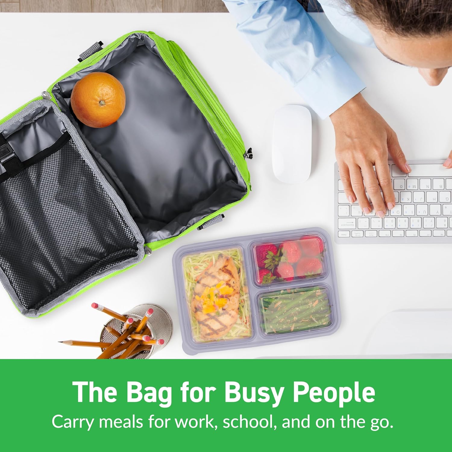 Bentgo Deluxe Lunch Bag - Durable and Insulated Lunch Tote with Zippered Outer Pocket, Internal Mesh Pocket, Padded & Adjustable Straps, & 2-Way Zippers - Fits Most Bentgo Lunch Boxes (Green) - Image 3