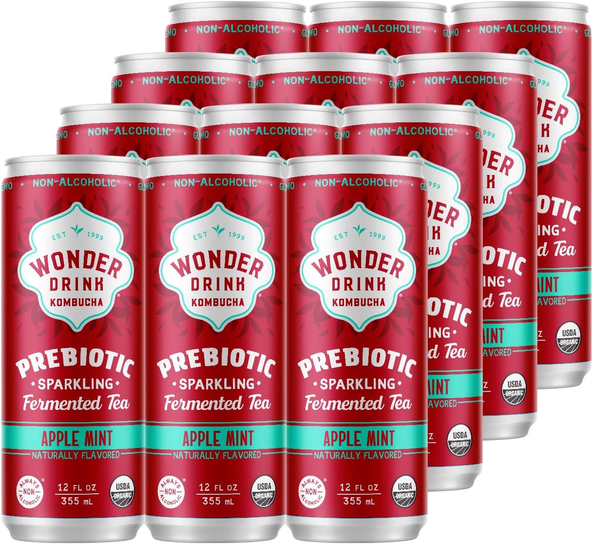 Kombucha Wonder Drink Prebiotic, Apple Mint, 12 Count