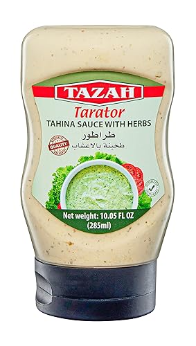 Miniatura 1 de Tazah Salsa tahini libanesa con hierbas botella exprimible de 10 onzas líquidas tarator salsa de aderezo de sésamo con ajo tomillo y especias de