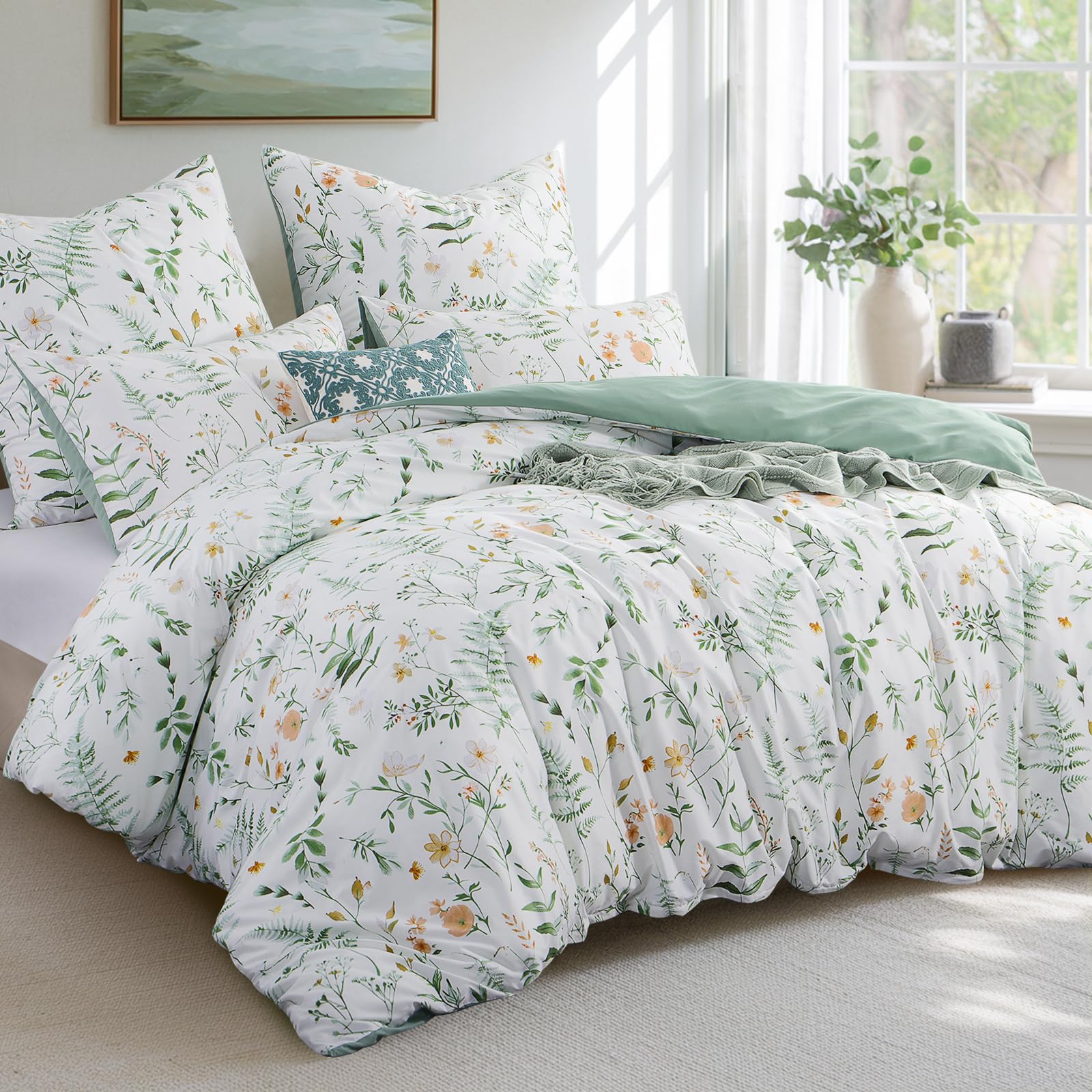 Aisbo Double Bedding Duvet Cover Sets, 3 Pieces Floral Bedding Set White and Sage Green - Image 2