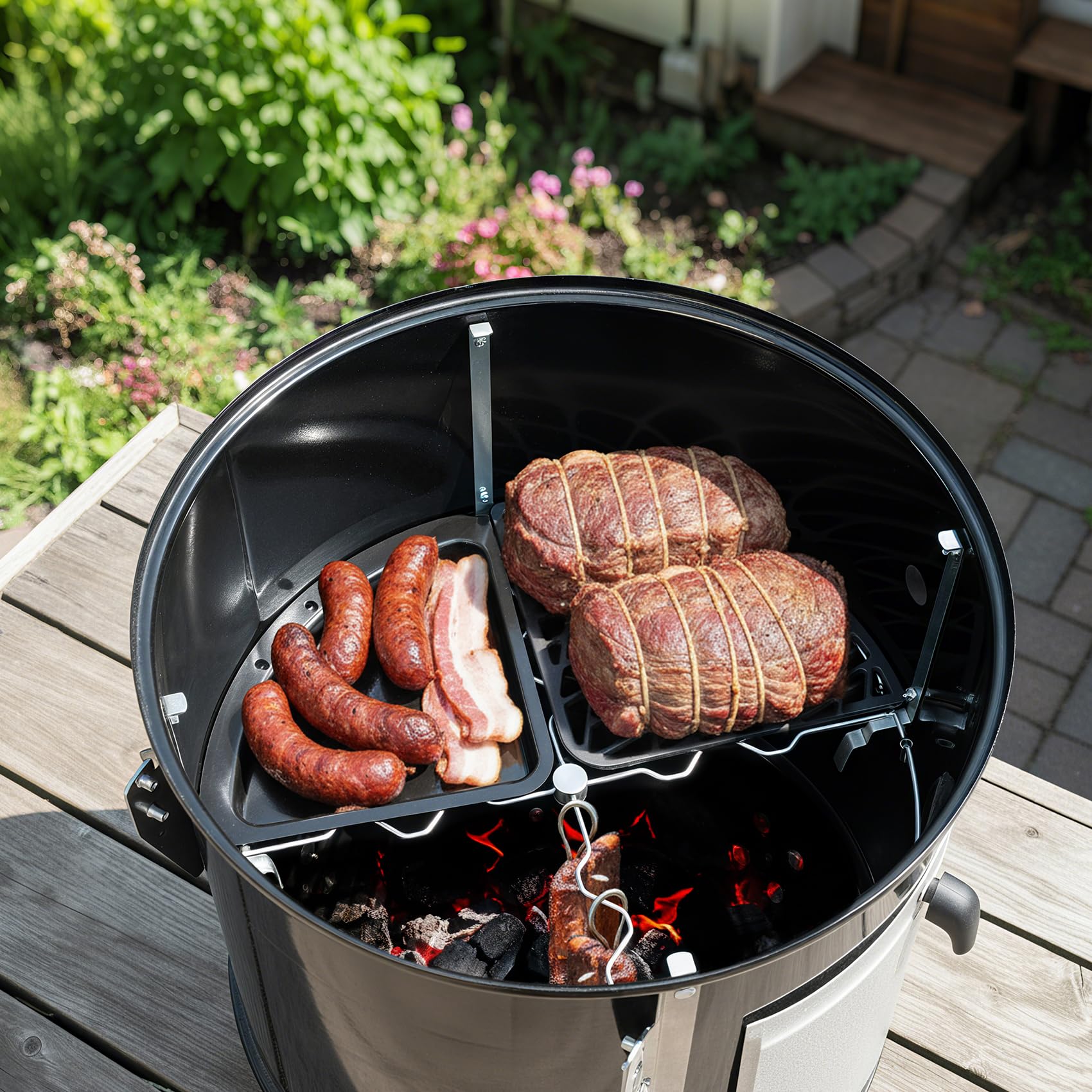 Onlyfire Płyta do grillowania (Plancha) i żeliwny ruszt Zestaw do grilla węglowego Weber 57 cm, Ø 54,7 cm, ruszt kuchenny z podnośnikami rusztu, 4 strefy, akcesoria kempingowe