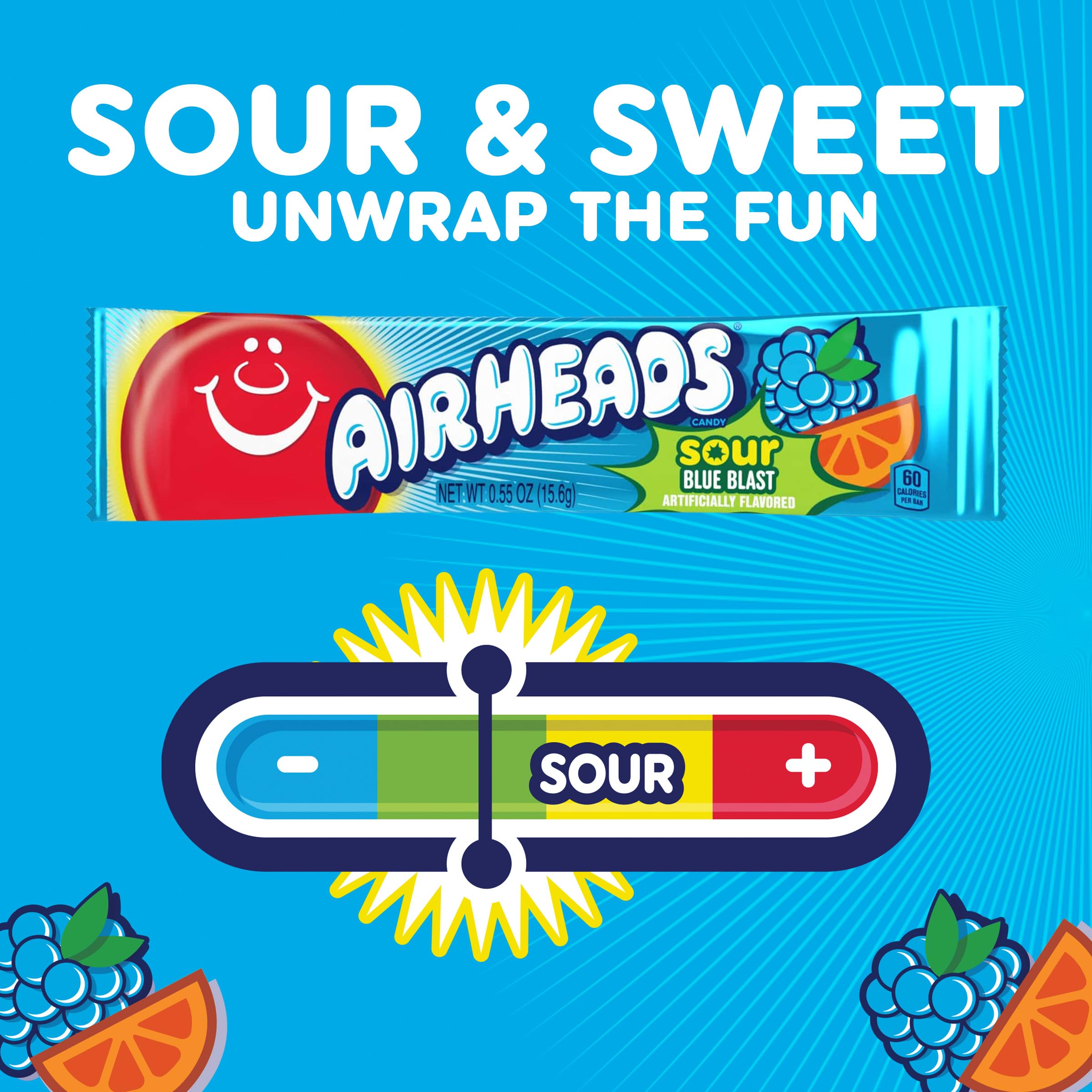 Airheads Barras de caramelo ácido, sabor a explosión azul, a granel, concesiones, fiestas, paquete de 36 barras