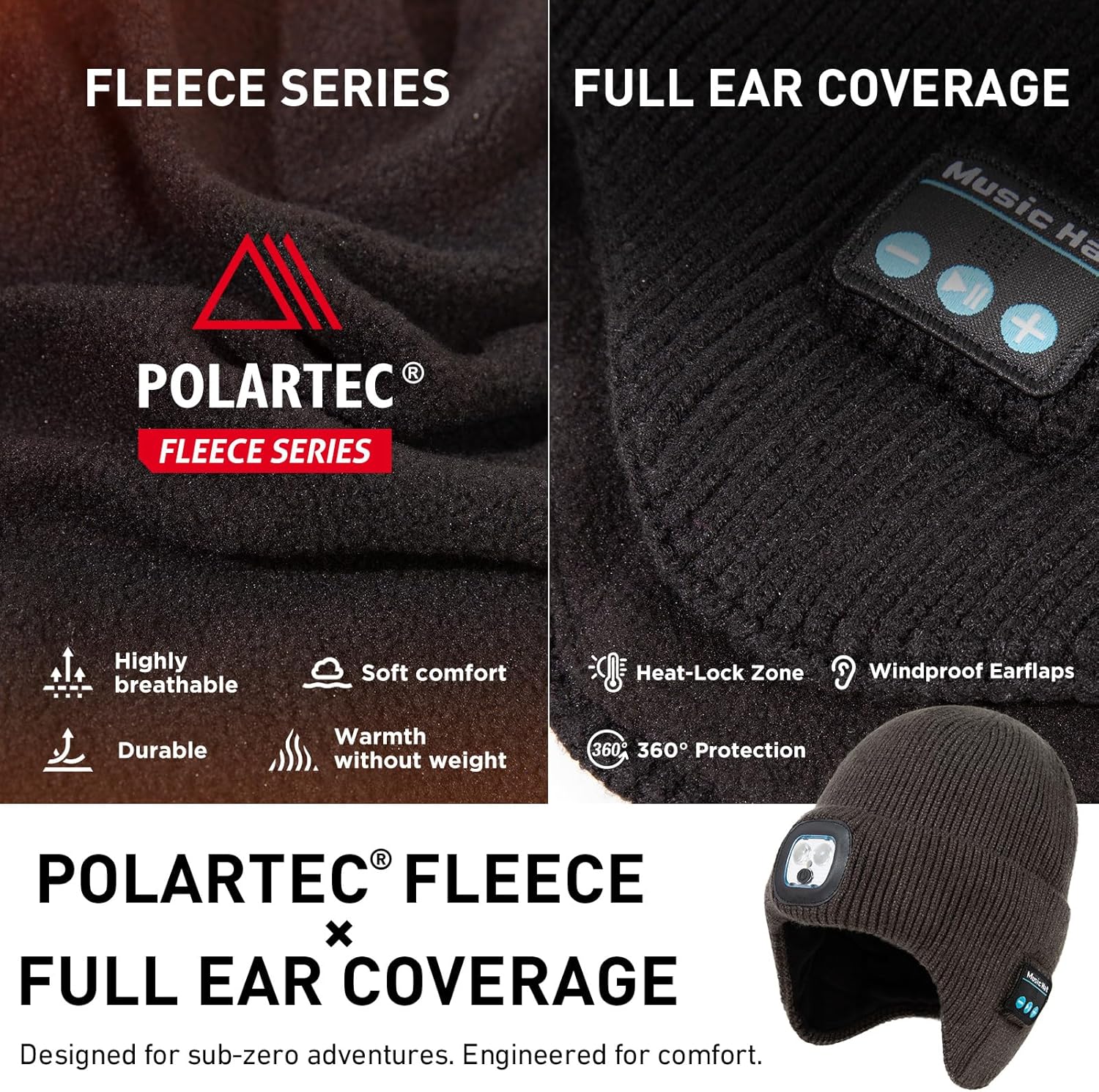 TOP-EX Oversized Fleece Lined LED Bluetooth Beanies with Ear Flap Gifts USB Rechargeable Lighted Cap Christmas Cool
