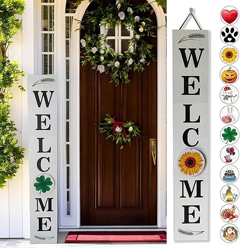 Letrero de bienvenida alto resistente al viento para puerta delantera, porche, de pie, 12 letreros de temporada intercambiables para vacaciones y