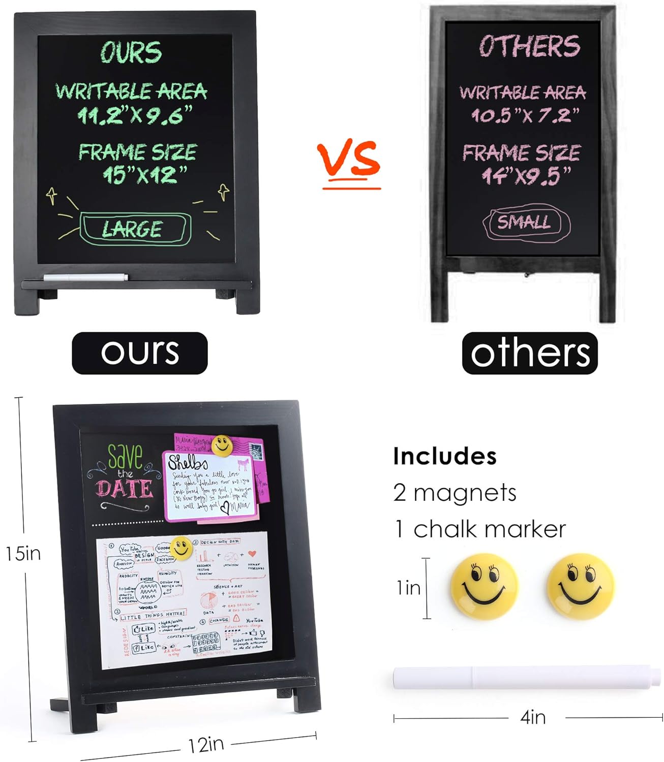 Magnetic Chalkboard Sign, 15”x12” Wood Framed Blackboard with Chalk Marker and 2PC Magnets, Rustic Chalk Board Easel for Menu Kitchen Wedding Farmhouse Décor, Tabletop or Wall Hanging Display : Home & Kitchen