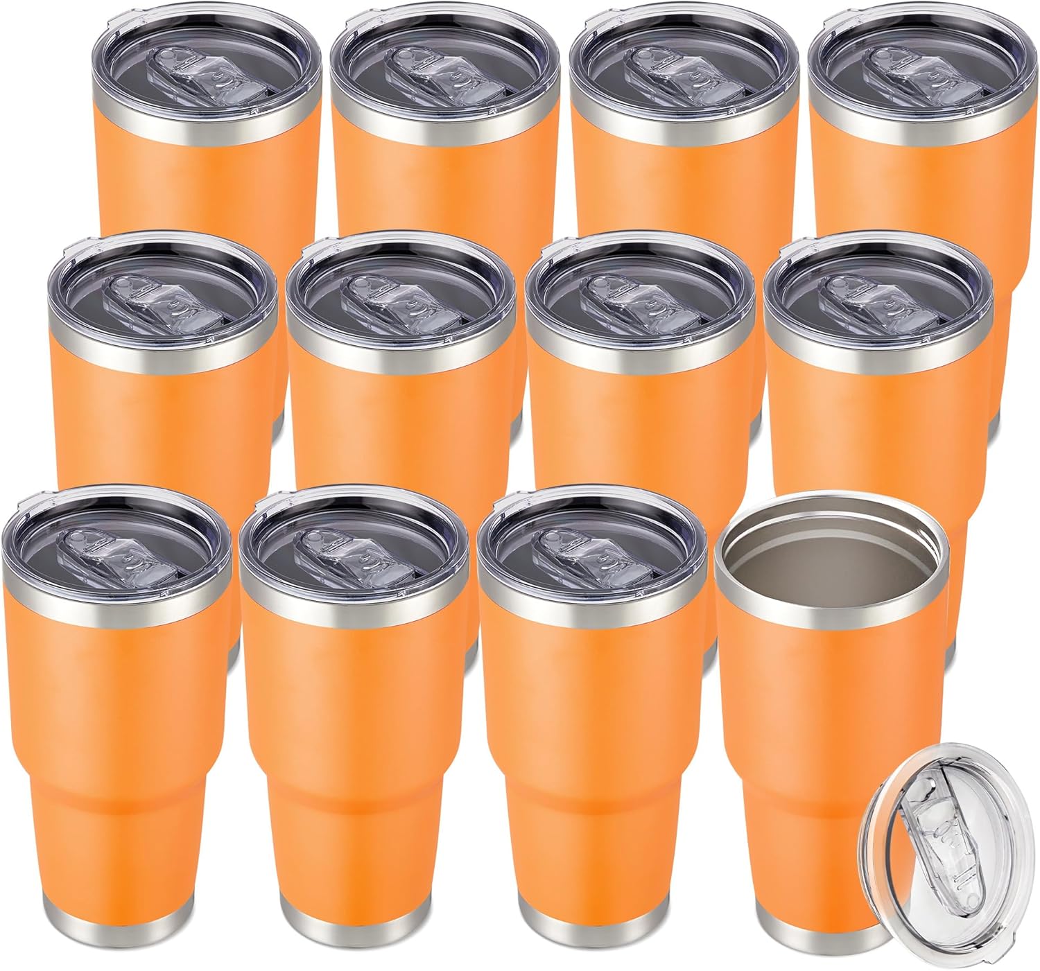 30 oz Tumbler with Lid Stainless Steel Tumblers Bulk Vacuum Insulated Cup Reusable Powder Coated Travel Mug Double Wall Leak Proof Cups Keep Cold Drinks for 12 Hours Orange, Set of 12