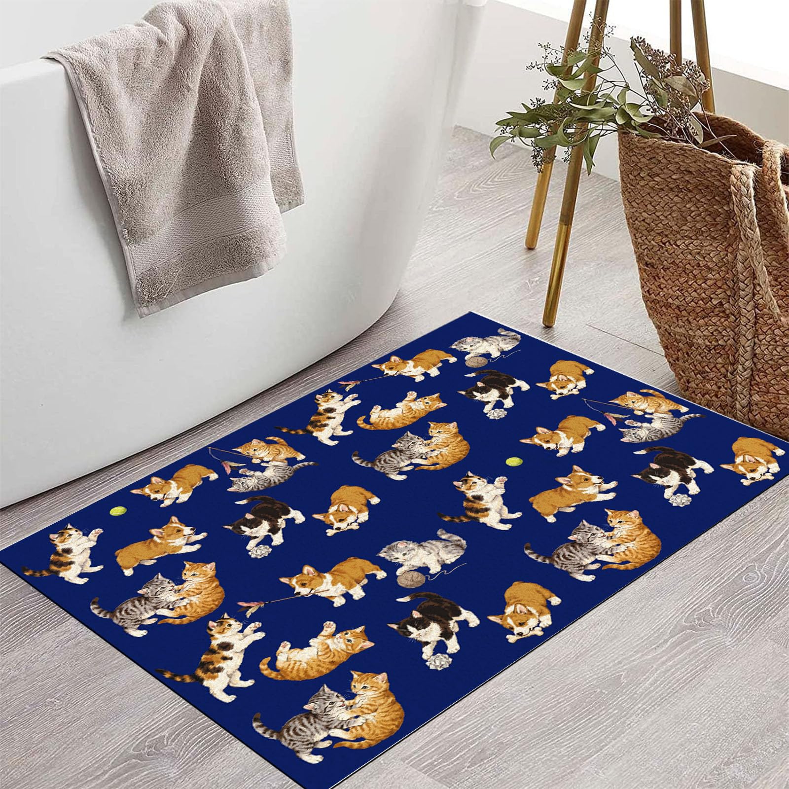 Tapis de cuisine devant évier animaux rétro et paillasson d'entrée bleu marine