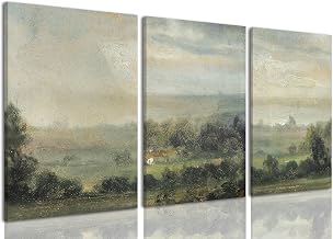 IBHJSART Framed Canvas Vintage Wall Art,Landscape Decor Prints,Set of 3 Nature Countryside Art Retro Painting Fields Tranquil Pictures Artwork Rustic for Living Room Bedroom Bathroom