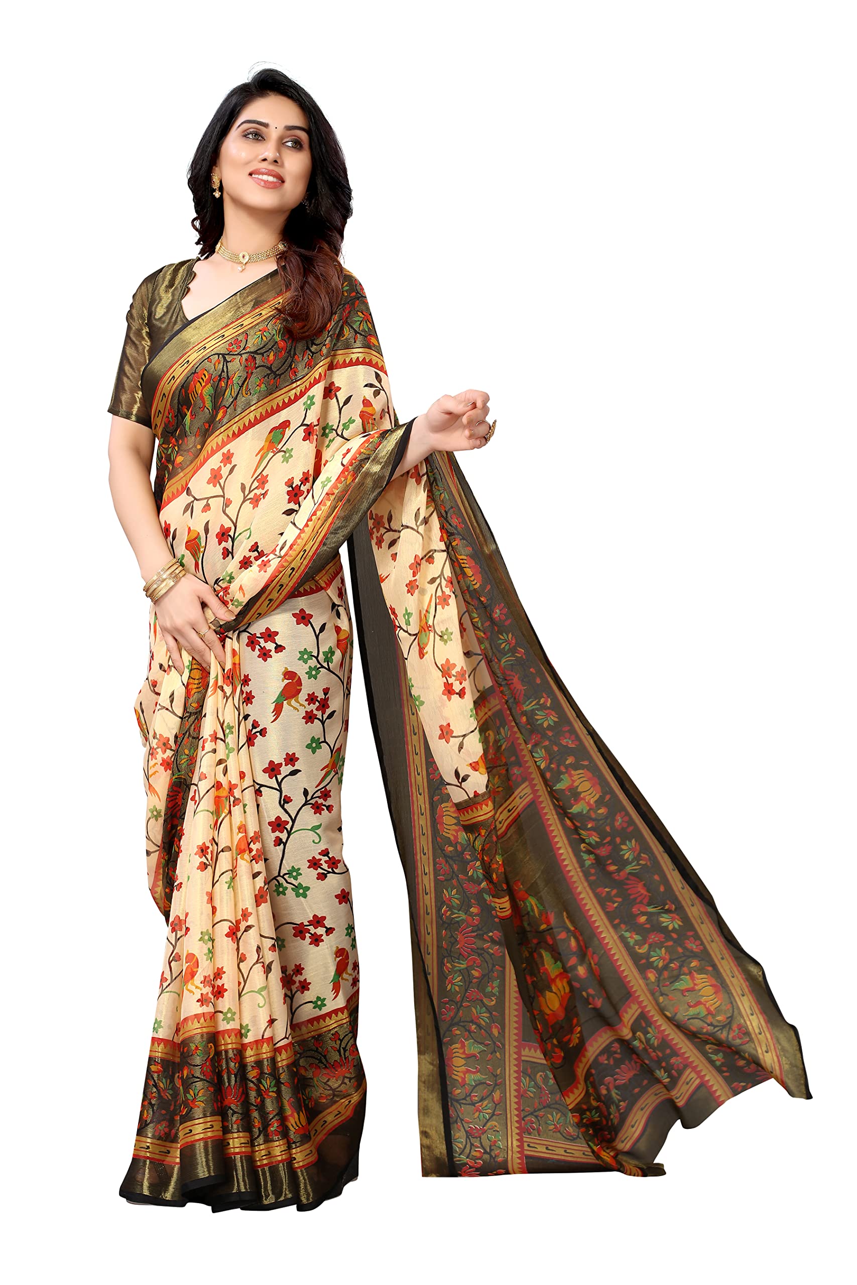 Vivostav Designer Women's Chiffon Brasso Printed Saree with Blouse Piece (PS Brasso Vedant V)