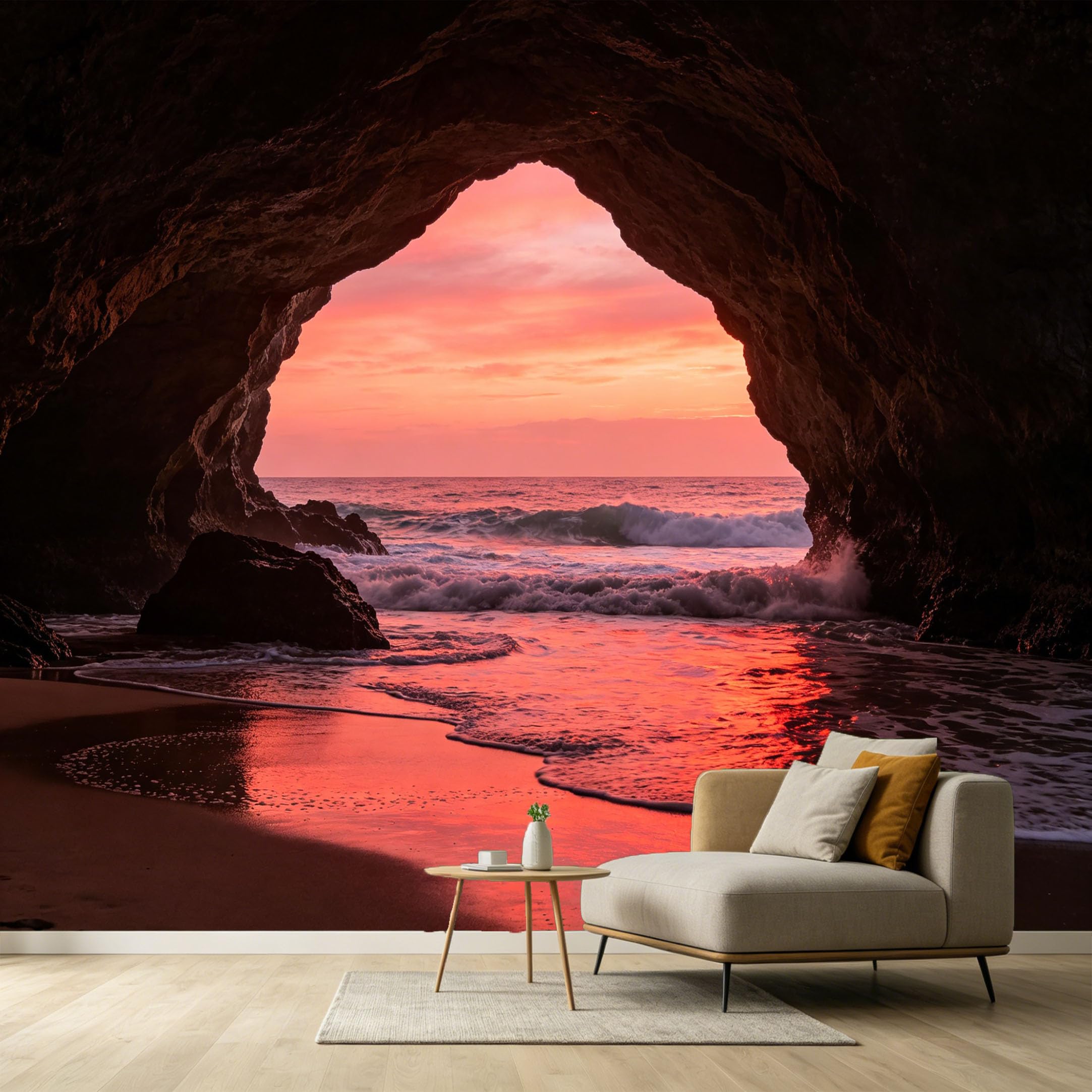 Custom Size Wall Murals Coastal Ocean Marine Sunset Cave Sea Waves 3D Trompe L'Oeil SelfAdhesive Wall Fabric Removable Large Wallpaper for Photo Living Room