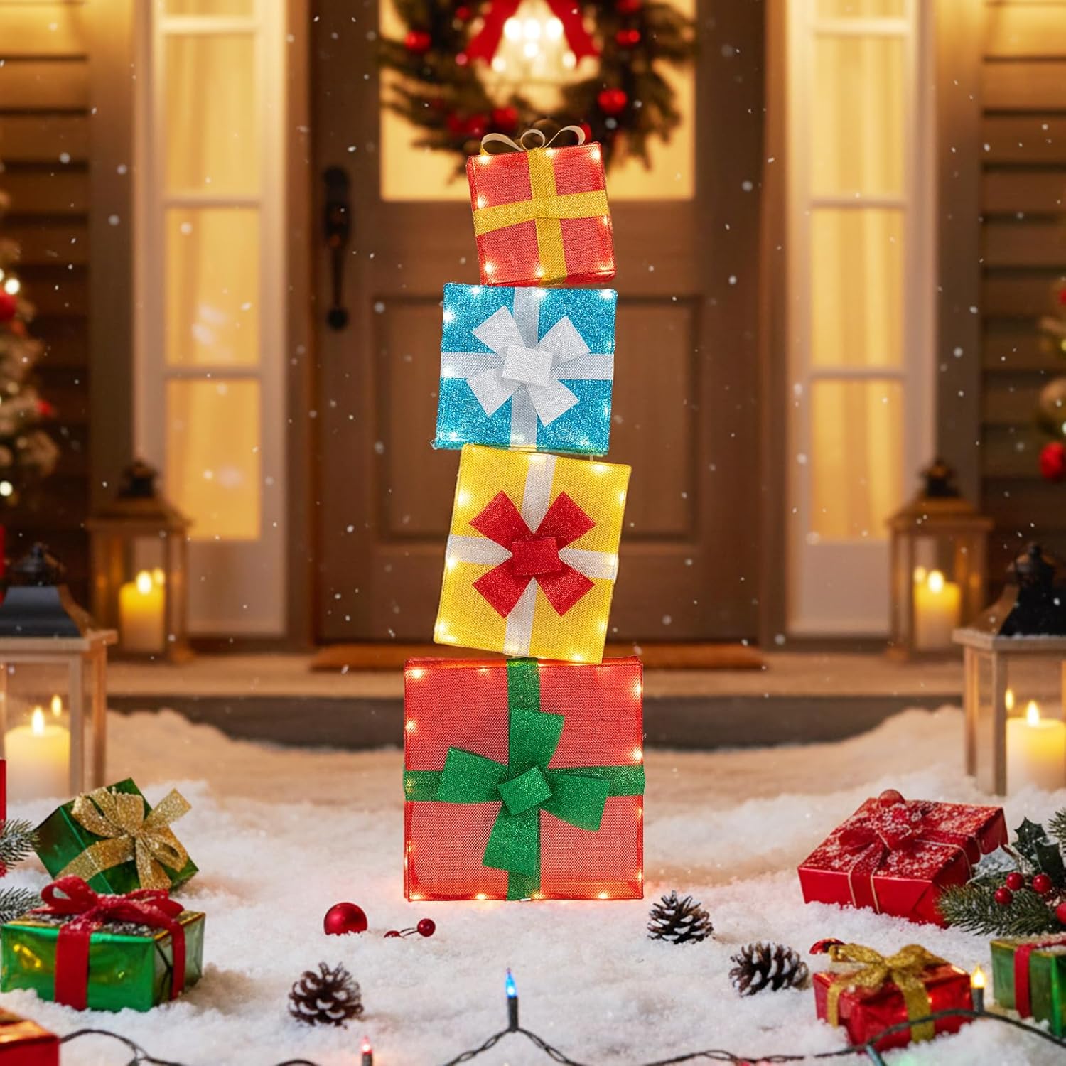 Goplus 4 Ft Outdoor Lighted Gift Boxes Stackable, Pre-lit Xmas Boxes Decoration w/LED Lights, Delicate Bows, Gliter Texture, Indoor & Outdoor Holiday Present Boxes for Yard, Garden, Fireplace, Porch