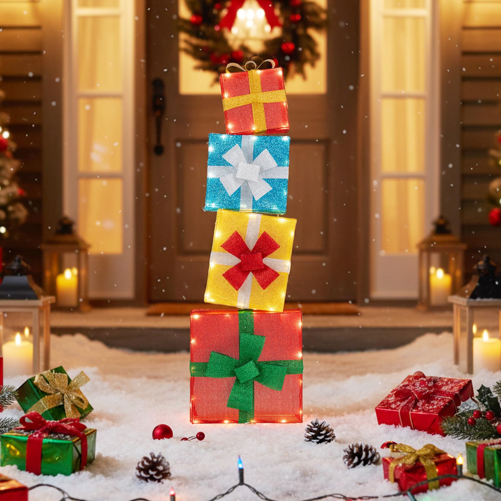 COSTWAY Scatole Regalo per Decorazioni di Natale, Set 2D da 4 Scatole Sovrapposte Preilluminate, Scatole Regalo Impilabili da 120 cm con LED e Fiocchi per Interni ed Esterni, Giardino, Cortile