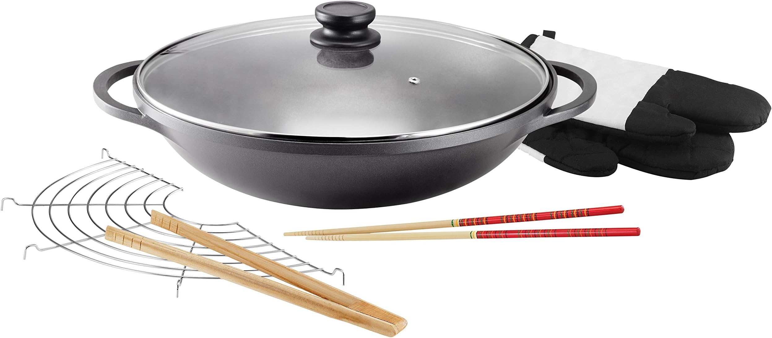 Mai-Lu Wok Cast Aluminium Diameter 36 cm Induction ILAG Non-Stick Coating with Glass Lid and Accessories Black