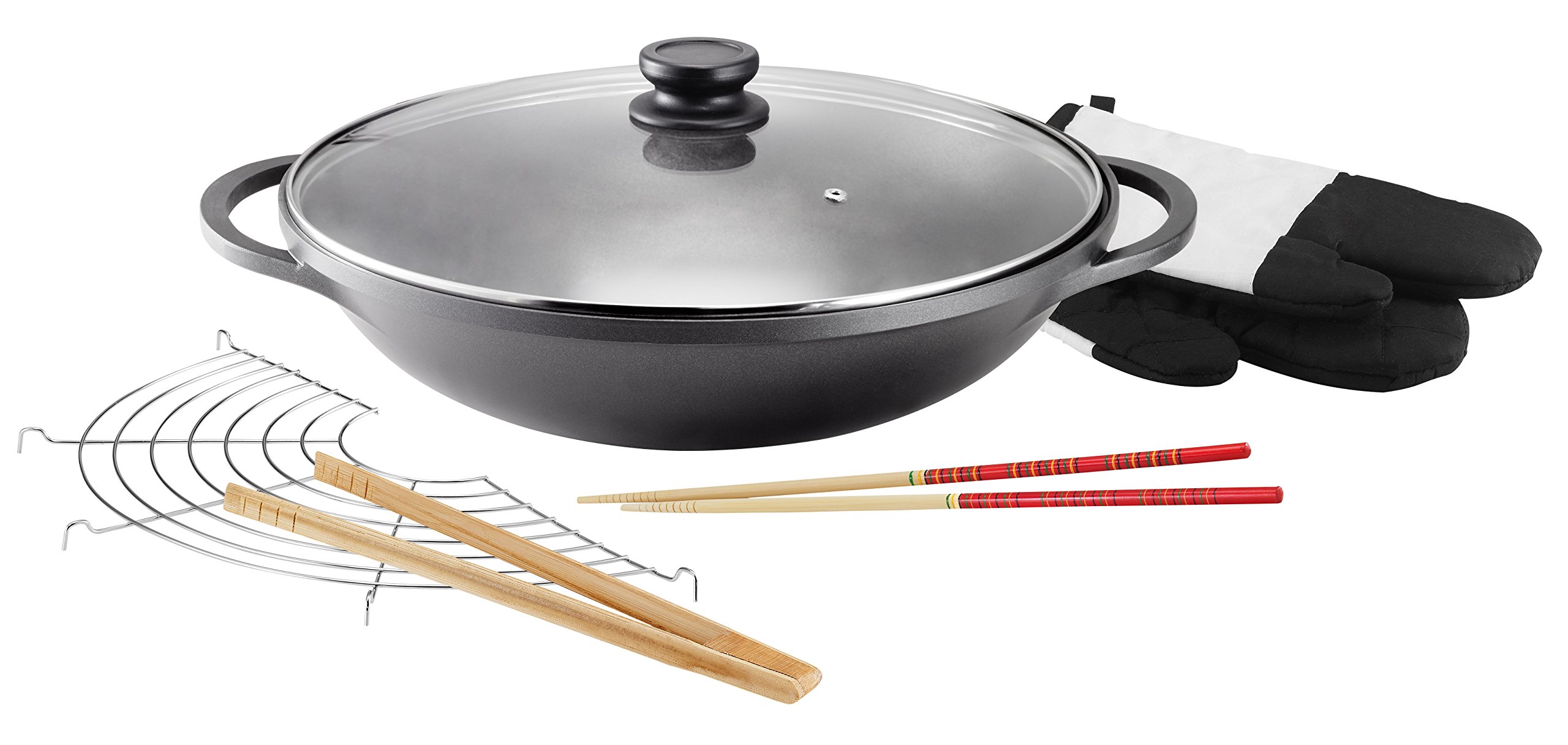 Kopf 124184 Wok Mai-Lu, fonte d’aluminium, Ø 36 cm, avec couvercle en verre et accessoires