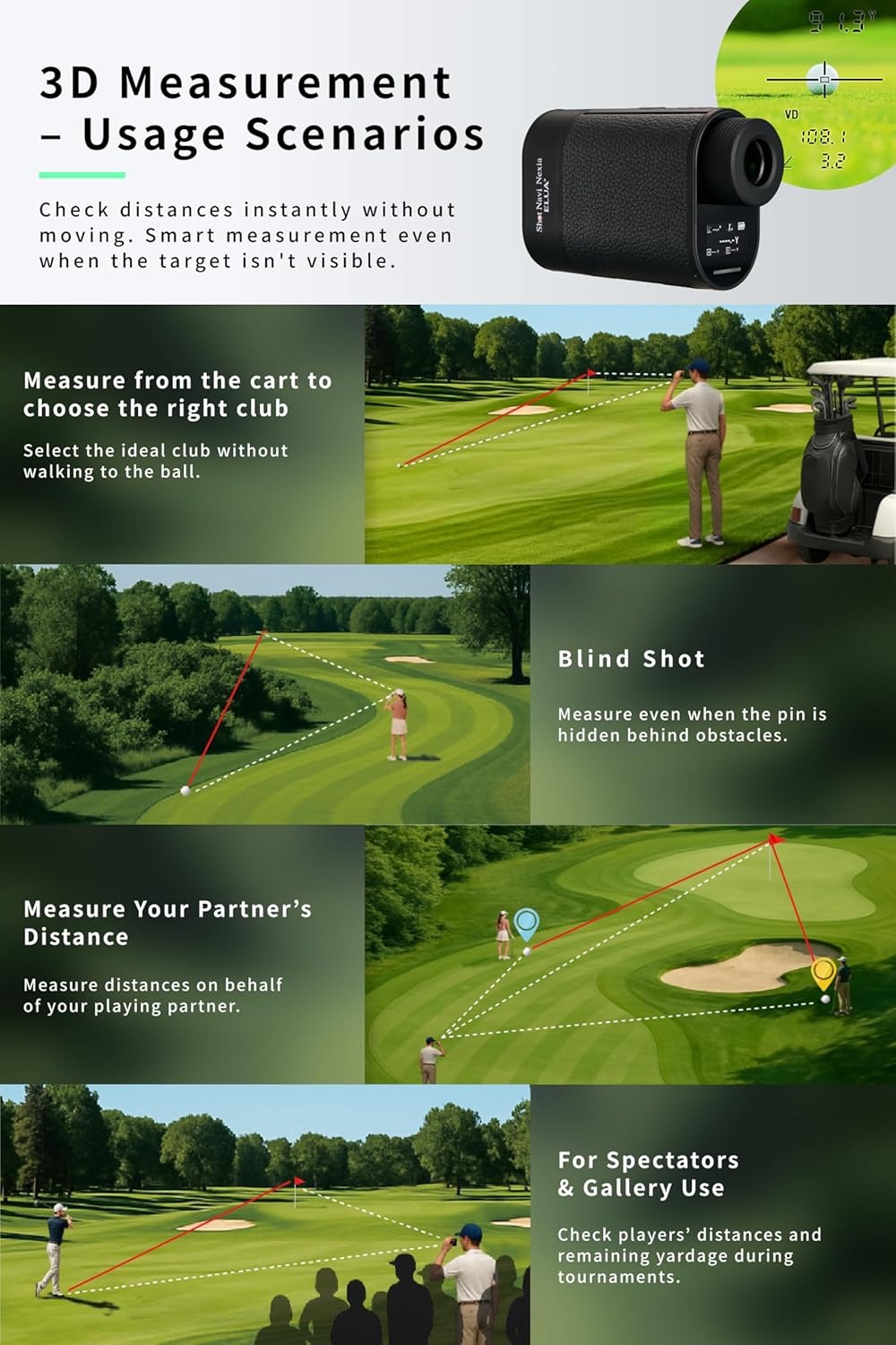 Golf Laser Rangefinder with Slope, Shot Navi ELUA Series - Hazard & Flag Distance, Flag Lock & Vibration, 1312 Yards, 6X Magnification, IPX4 Waterproof, Tournament Legal