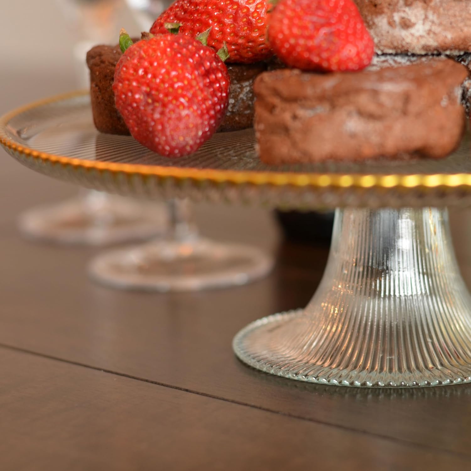 WHW Whole House Worlds Crosby Street Footed Cake Plate Stand, Gold Rimmed, Clear Textured Ribbed Glass, Hand Painted, 10.25 Inches Diameter