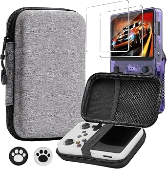 KZIOACSH Carrying Case for R36s/R35S with 2 Tempered Glass+2 Thumb Grip Caps, Full Body Protection Waterproof Shockproof EVA Handheld Game Console Travel Storage Box, Grey