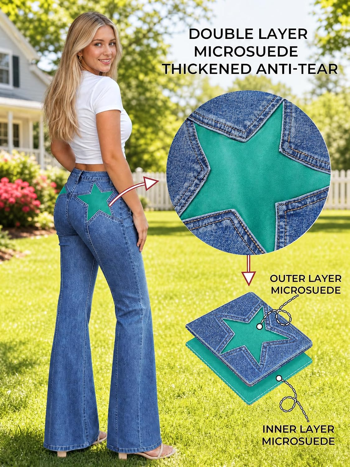 EMMIOL Jeans for Women High Waisted Women's Jeans with Star Patches, Vintage Y2K Denim Pants,Flare Style