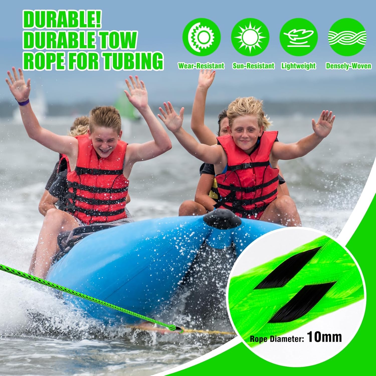 25FT Wake Surf Rope(Grey & Black) & 60FT Boat Tow Rope(Green & Black) Combo - Floating Watersports Ropes for Wakesurfing, Tubing, and Watersports
