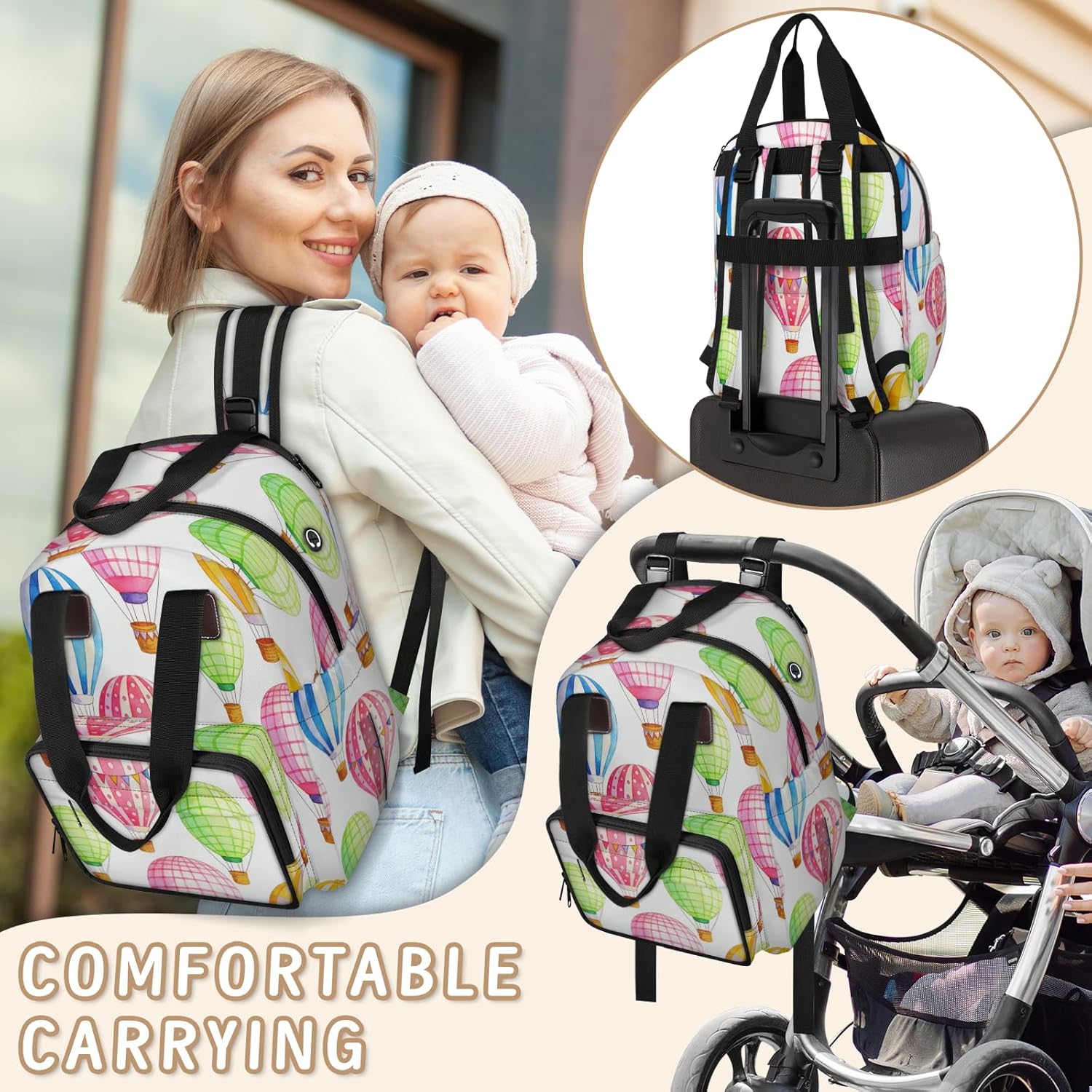 Colorful hot air balloon theme Diaper Backpack - Insulated compartment,multiple pockets,double zipper design,adjustable shoulders,suitable for diaper bags for work,travel and vacation.