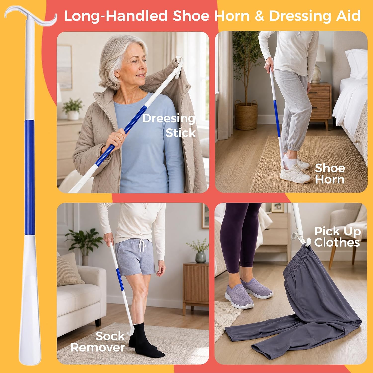 10PCS Hip Kit Post Surgery for Seniors - Hip Replacement Kit After Surgery - 32" & 21" Grabber Reachers, Sock Aid, Leg Lifter, Shoe Horn&Dressing Stick, No-tie Shoelaces, Back Scratcher & Shower Brush