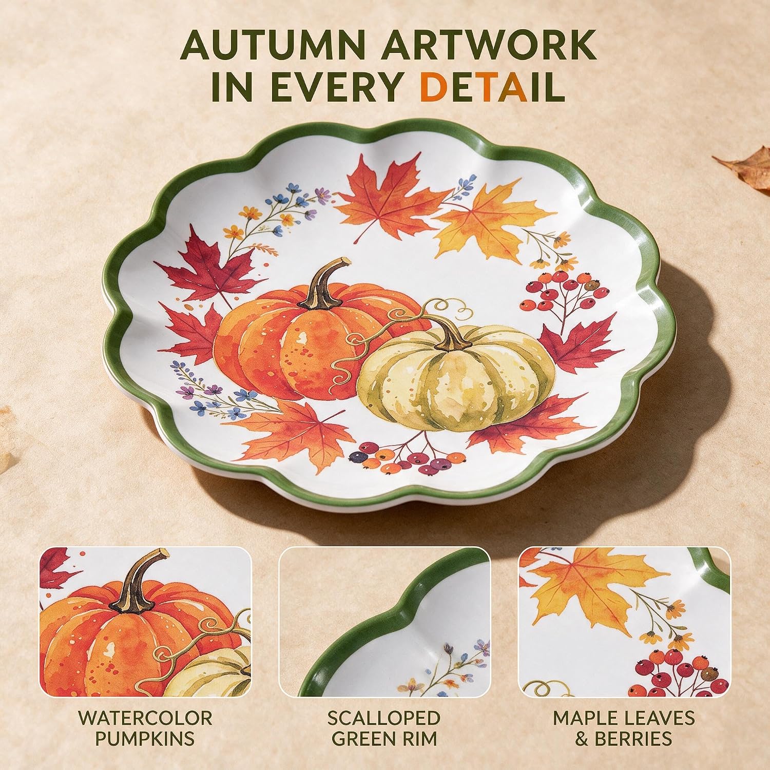 Fall Plates, 4 Pack 9 Inch Melamine Pumpkin Plates, Scalloped Rim image 3