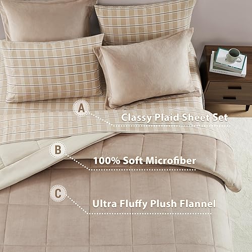 Miniatura 3 de Juego de edredón de lujo tamaño Queen de 7 piezas, juego de edredón de terciopelo de franela de felpa gris pardo de 7 piezas, edredones de felpa