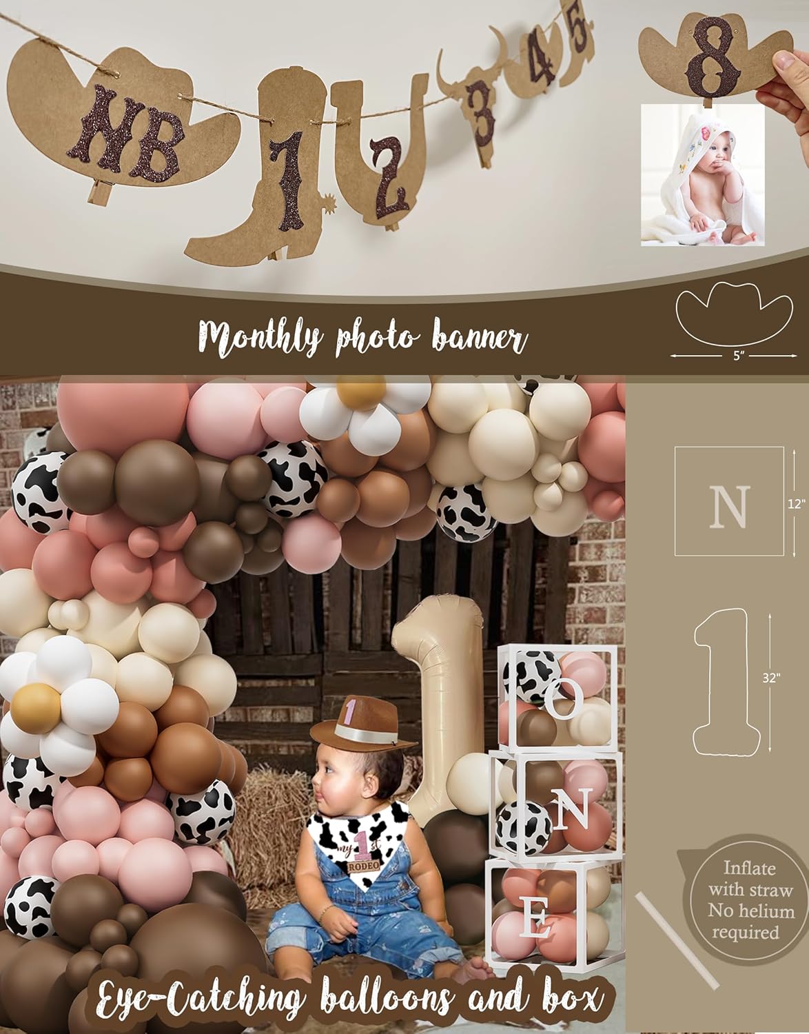 My 1st Rodeo Birthday Decorations Girl, Western Cowgirl First Birthday Party Supplies, Cowgirl Balloon Arch, Backdrop, High Chair Banner, ONE Box, Tablecloth for Girls 1 Year Old Party - Image 7