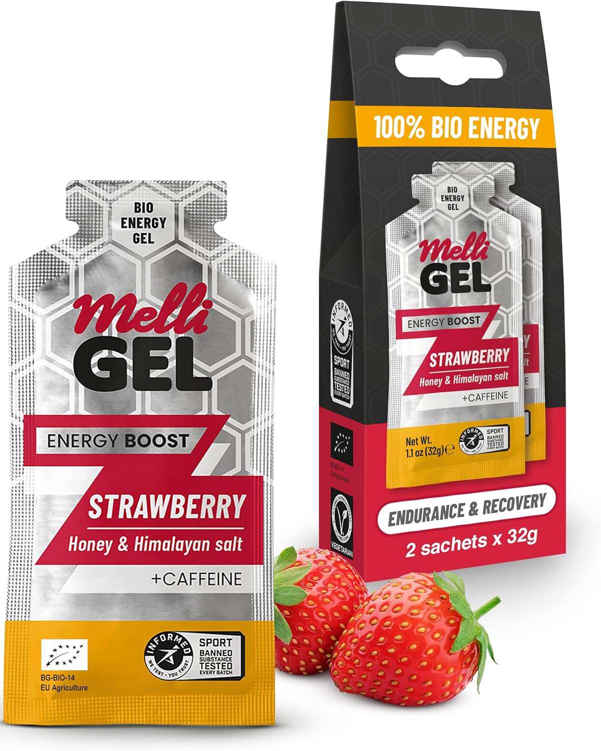 Energy Gel Strawberry and Caffeine MelliGEL–100% Organic Energy Gels with Honey & Himalayan Salt – Electrolyte Balance–Take Before, During & After Running and Intense Activities