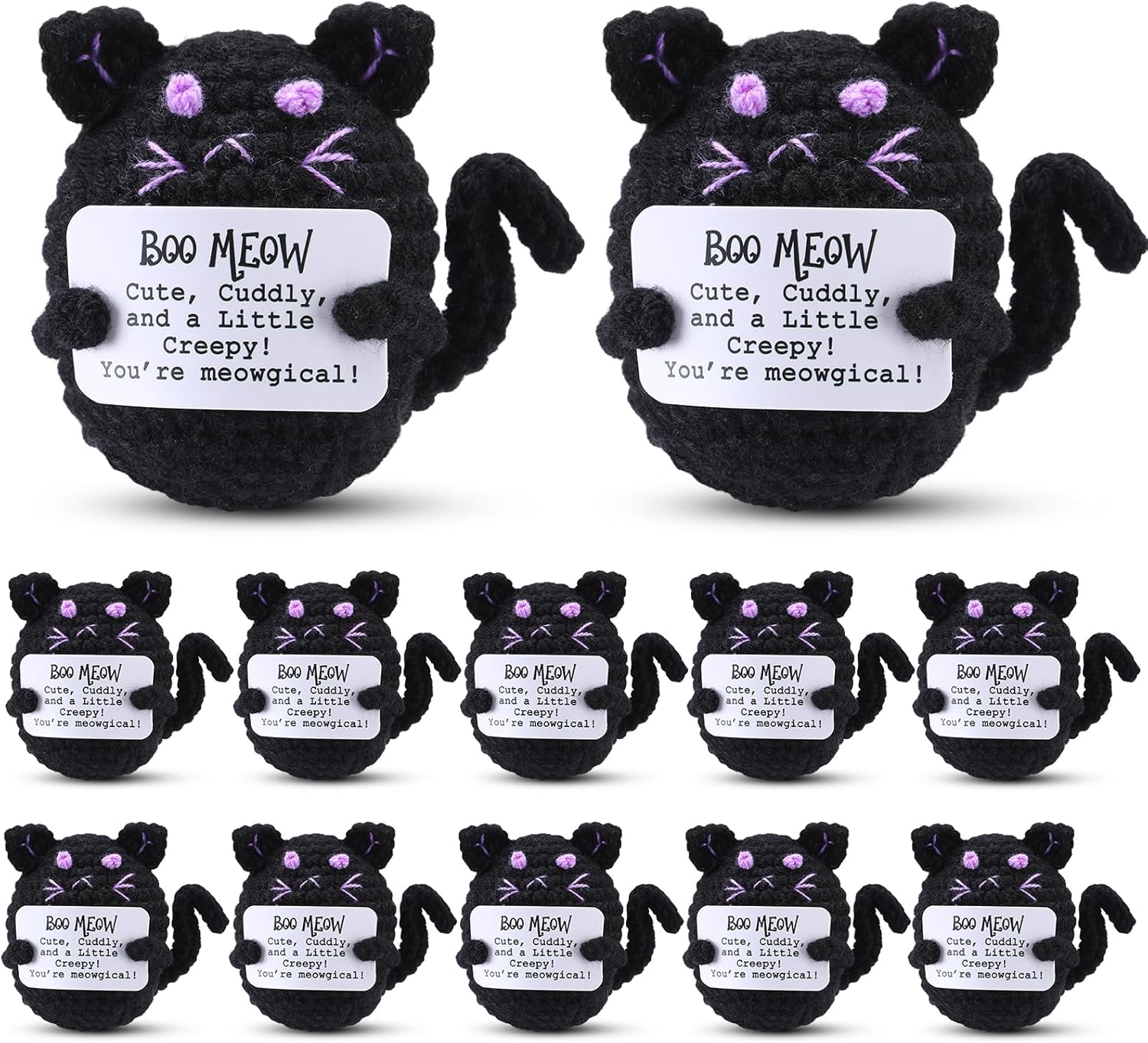 Pinkunn 12 Pcs Positive Cats Crocheted Gift Bulk Small Black Kitty with Inspirational Cards for Women Coworkers Birthday Valentines Holiday Party Favor Home Office Table Decor