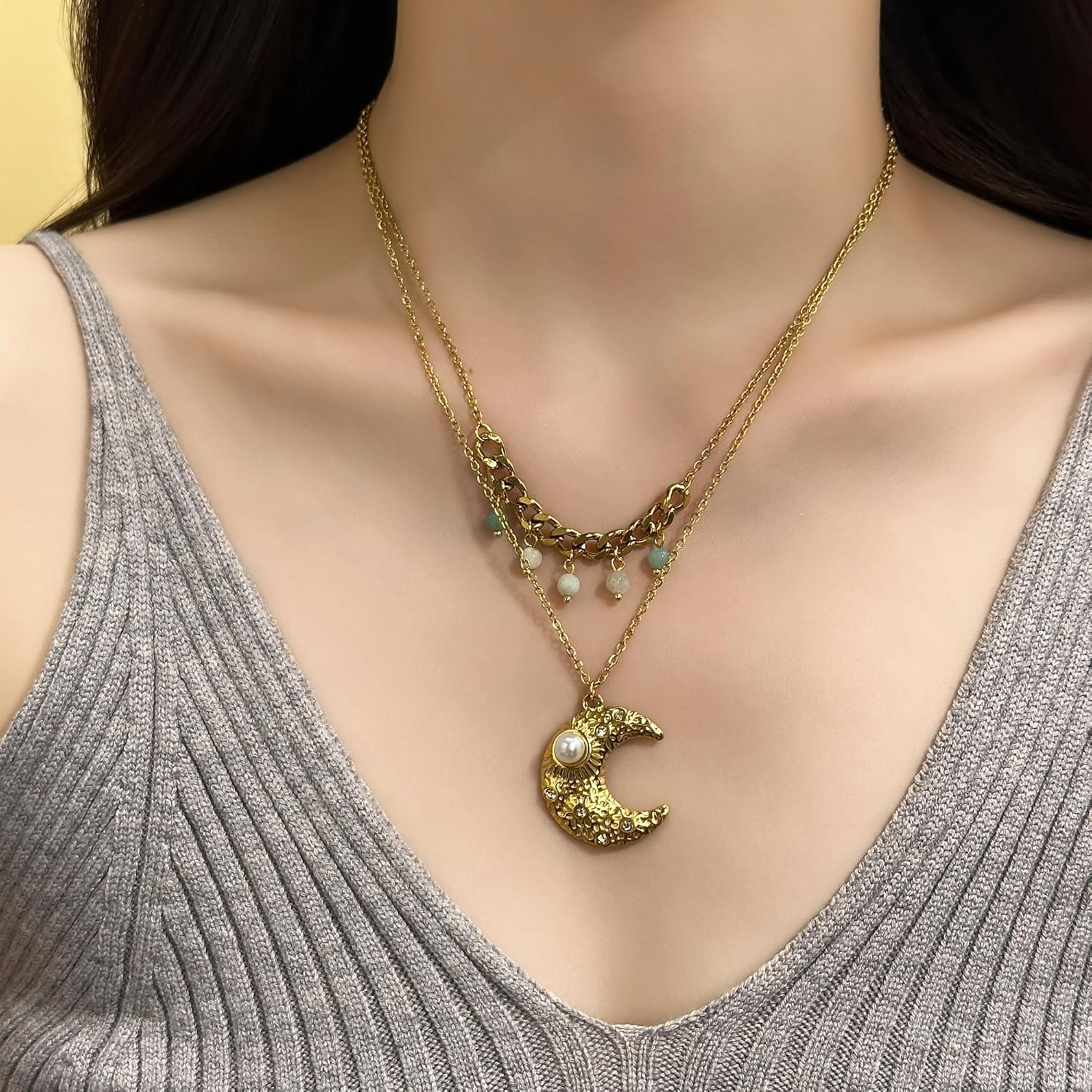 Layered Moon Pendant Necklace for Women, Dainty 14K Gold Plated Charm Chocker Jewelry Gift for Her - Image 3