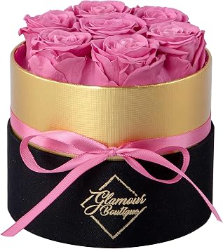 GLAMOUR BOUTIQUE Eternal Preserved Roses in a Box, Flowers Forever, Rose Forever in a Box for Wife or Her, Lasting Real Flower Gift, Elegant Luxury Floral Home Decor, 7 Roses, Pink (Color-Treated)