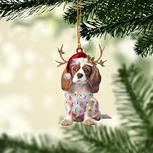 Talataca Cavalier King Charles 2D Flat Christmas Ornament, Christmas Hat Reindeer with String Lights Pine Tree Decor, Hanging House Charm Eve Keepsake, Car Rear View Mirror Accessories, Xmas Gift
