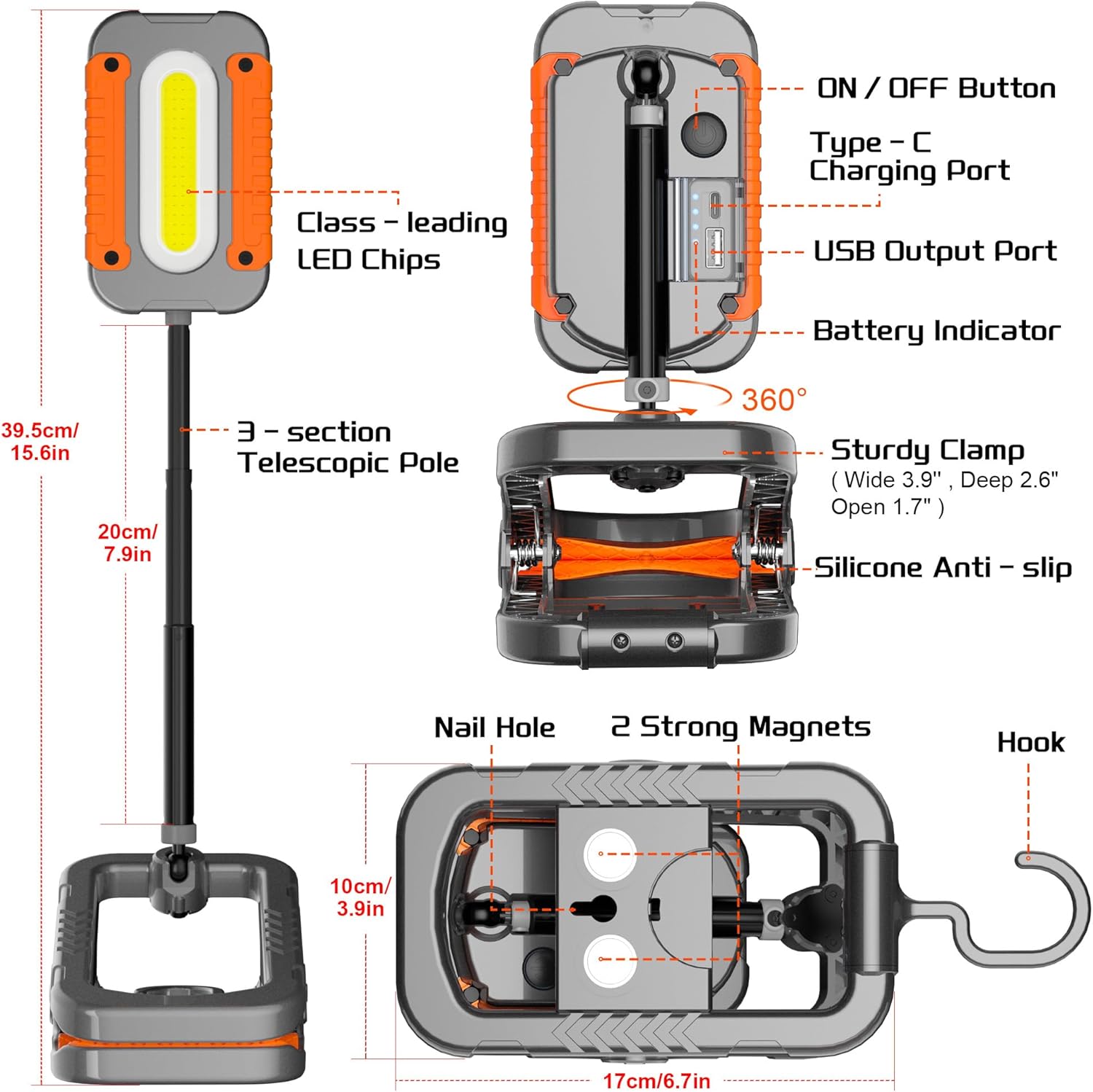Rechargeable Work Light with Clamp, 3000LM Clip on Lamp with Magnet, Hook, Telescopic Stand, 360° Rotatable Portable LED Clamp Work Light for Boat, Job Site, Workshop, Car, Desk, Bench(1 Pack)