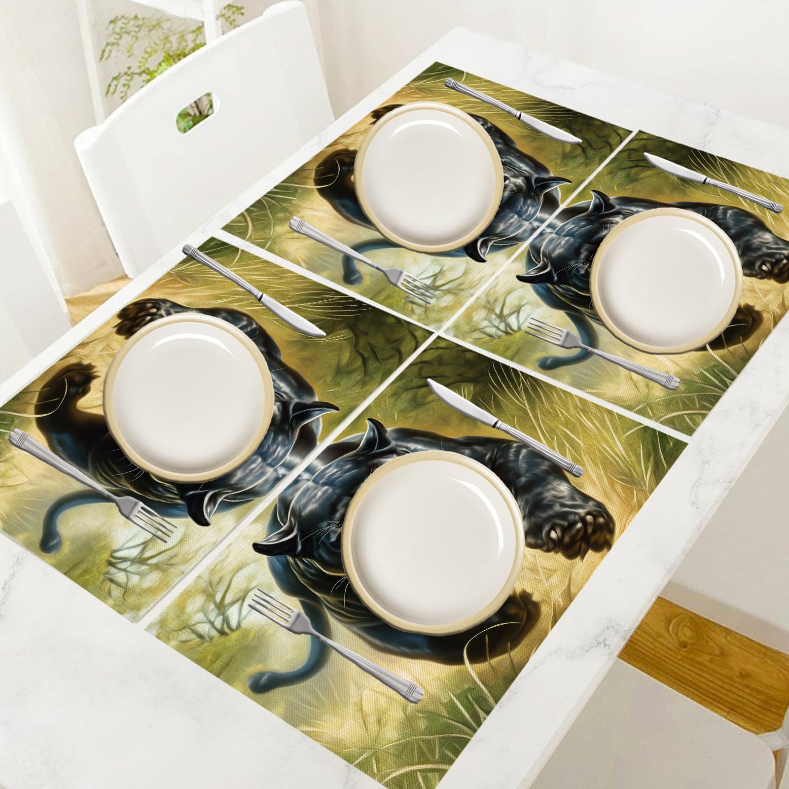Tovaglietta Americana Animali retrò in Cotone Lino Rettangolare - Tovagliette Set di 8 Pantera nera nell'erba Resistente al Calore per La Cucina, Il L'Ufficio, 30 x 45cm
