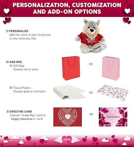 Miniatura 2 de DolliBu I Love You Valentine Plush Sitting Wolf – Lindo animal de peluche con camisa roja y nombre, regalo personalizado para el día de San