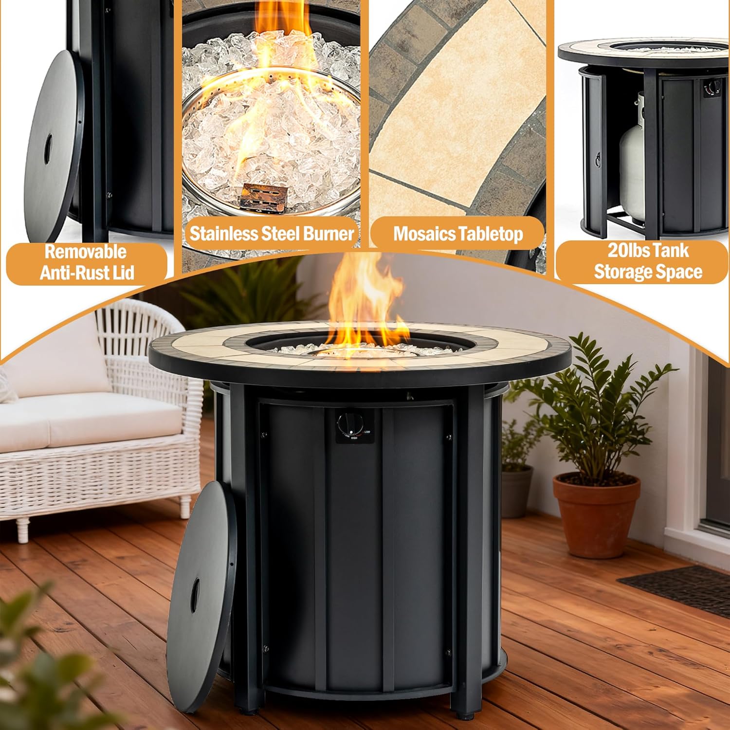 30" Round Propane Fire Pit Table, 50,000 BTU Round Steel Fire Table with Mosaic Ceramic Tabletop, Auto-Ignition Round Gas Firepit with Lid, Glass Rocks & Waterproof Cover for Patio Garden