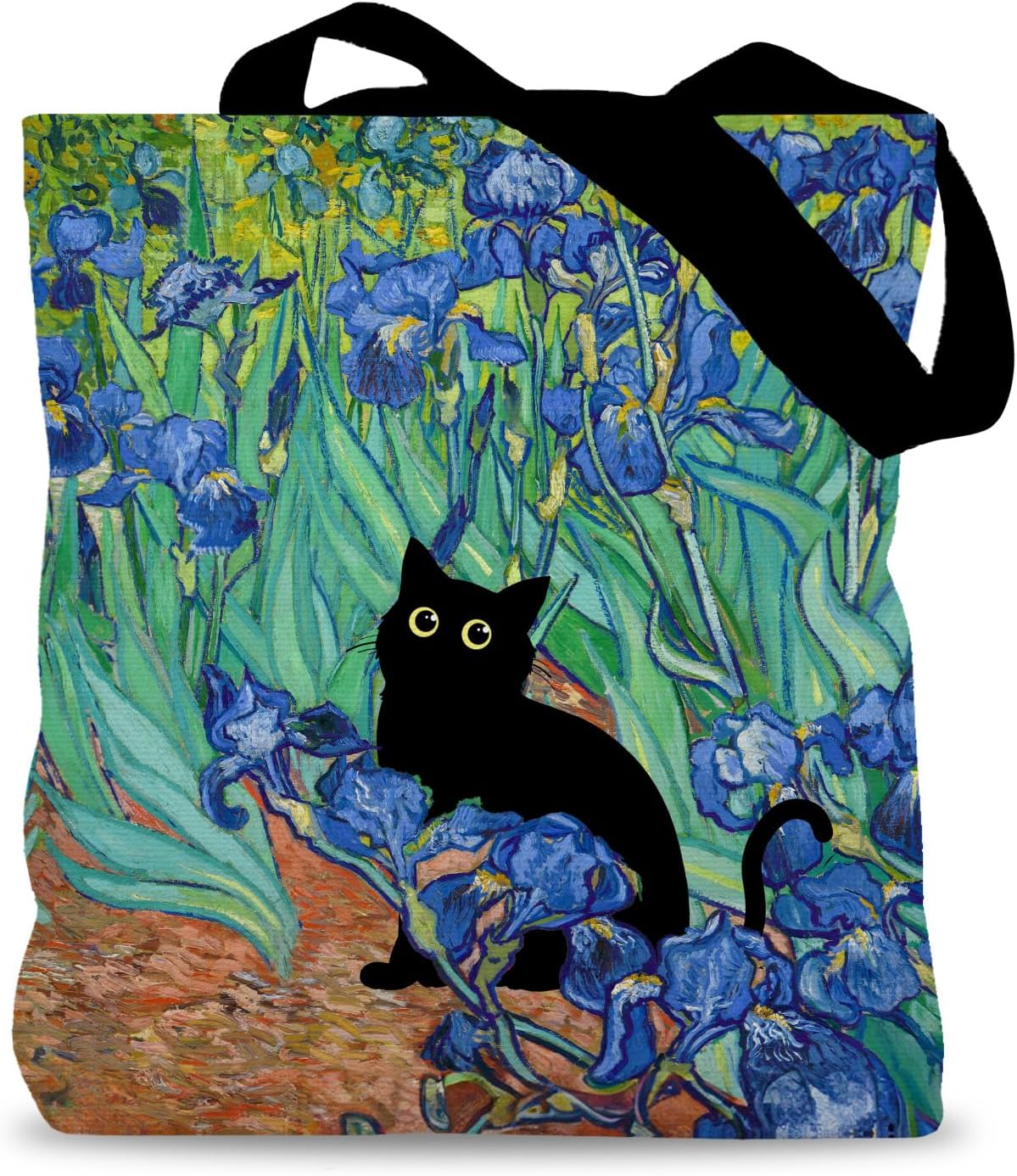 Black Cat Irises Floral Tote Bag, Cat Lover Mom Lady Gifts Canvas Tote Bags for Women, Whimsical Funny Black Kitten Flower Reusable Grocery Shopping Bags
