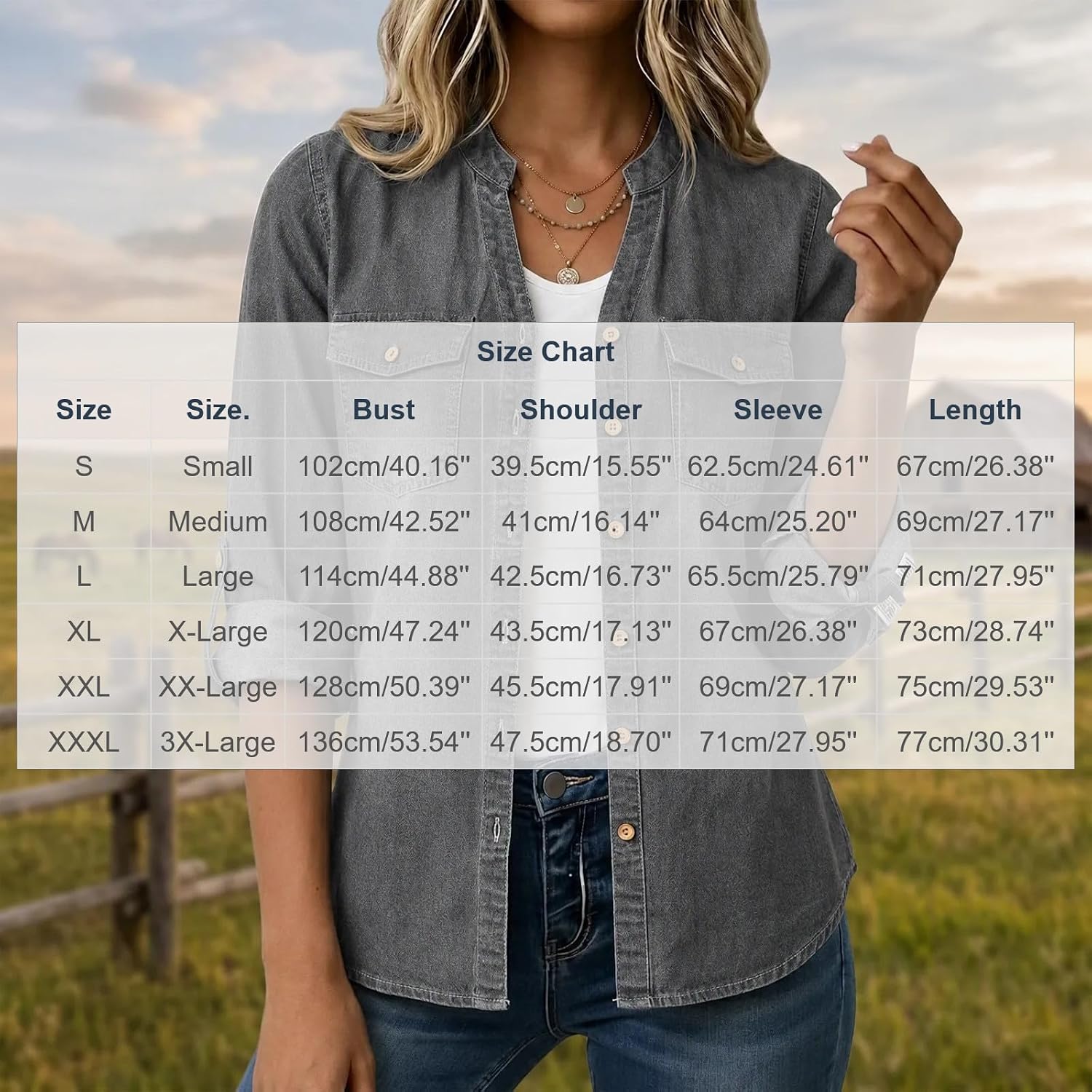 Women's Denim Shirt Button Front Roll Tab Sleeves Classic Shacket