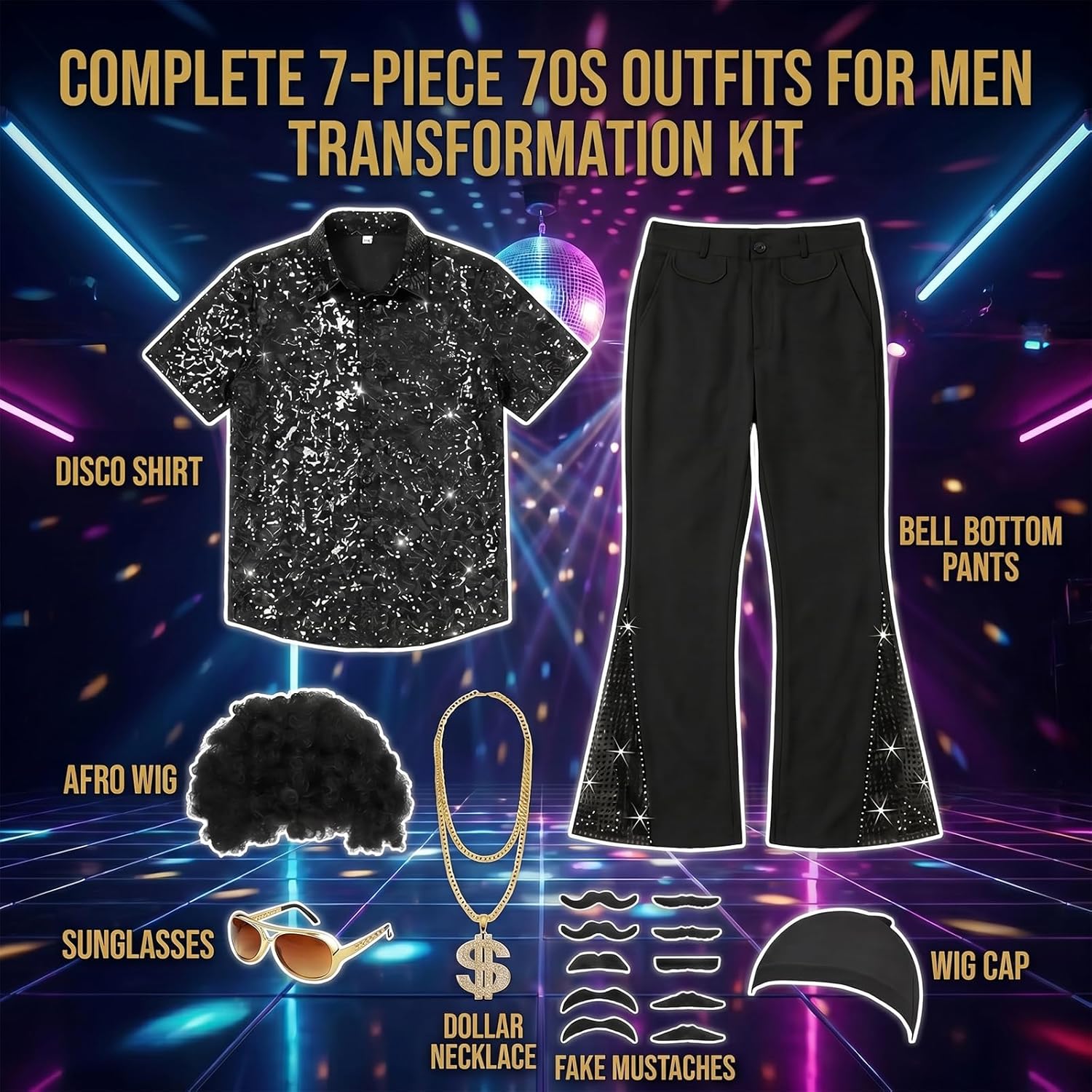 70s Outfits for Men Disco Costume 1970s Outfit with Short Sleeve Shirt Bell Bottom Pants for Retro Halloween Party