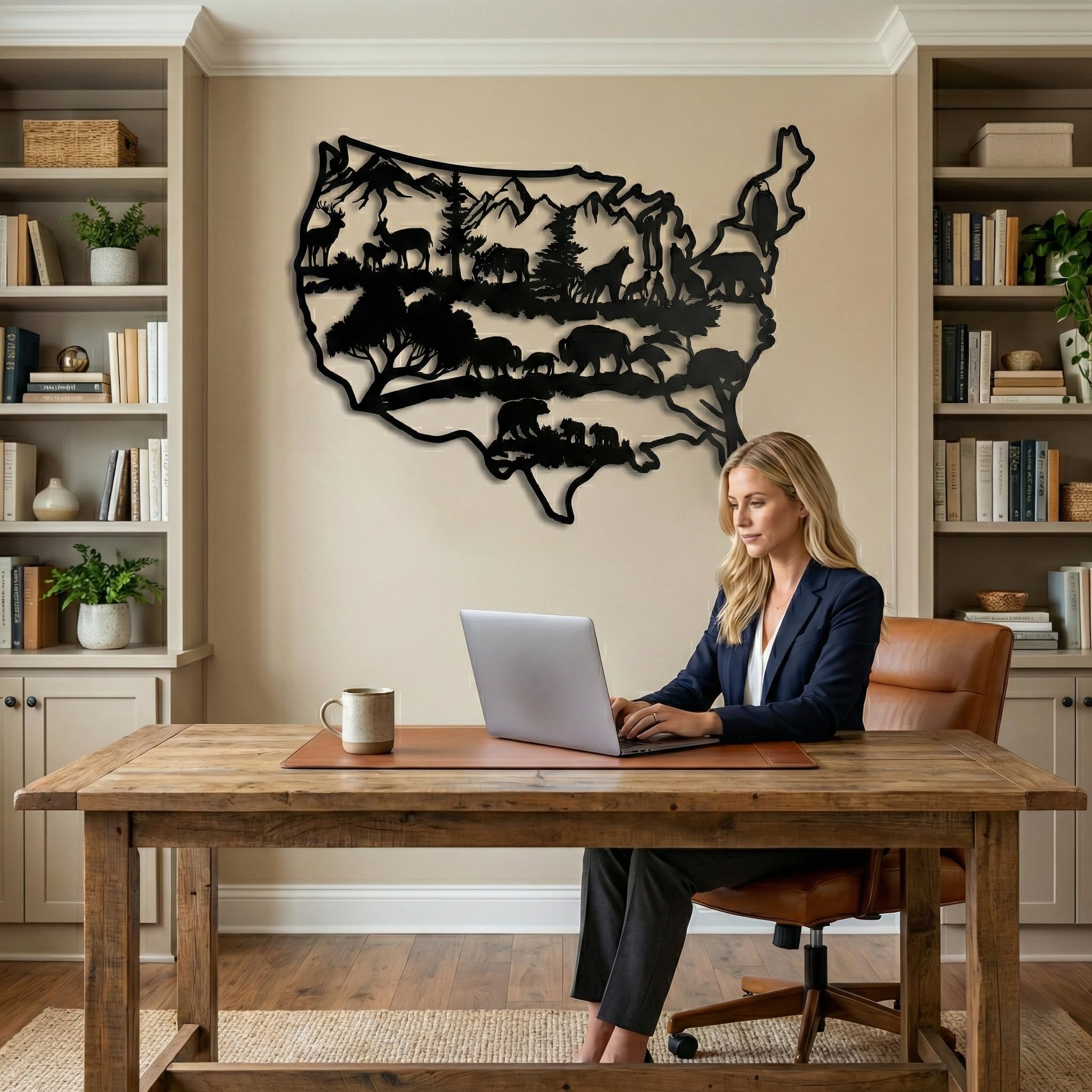 Decorazione da parete in metallo, con motivo "Us Wildlife", decorazione per la casa, soggiorno, decorazione da parete, decorazione per interni ed esterni (118 x 77 cm)