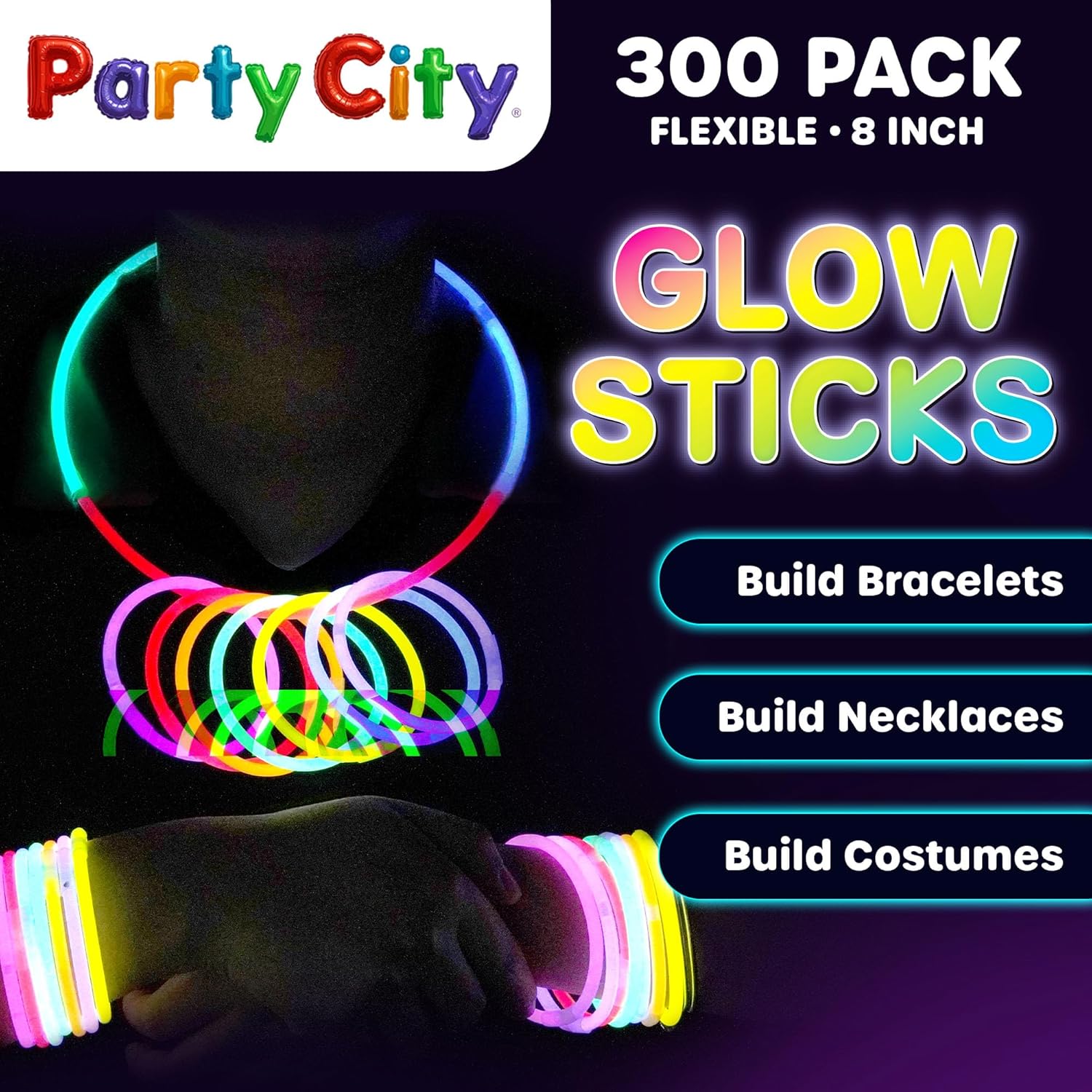 Party City 300 Glow Sticks Bulk Party Pack 8”– Neon Glow in the Dark Party Supplies, Glowsticks with Connectors Bracelets & Necklaces, Light Up Favors for Kids, Adults, Birthdays, Parties, Decorations 300 8" Glow Sticks