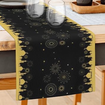Eid Mubarak Ramadan Table Runner 13x72 Inch, Moon and Stars Mosque Black and Gold Linen Table Runner, Ramadan Mubarak Table Runner for Dining Table, Dresser & Home Decorations
