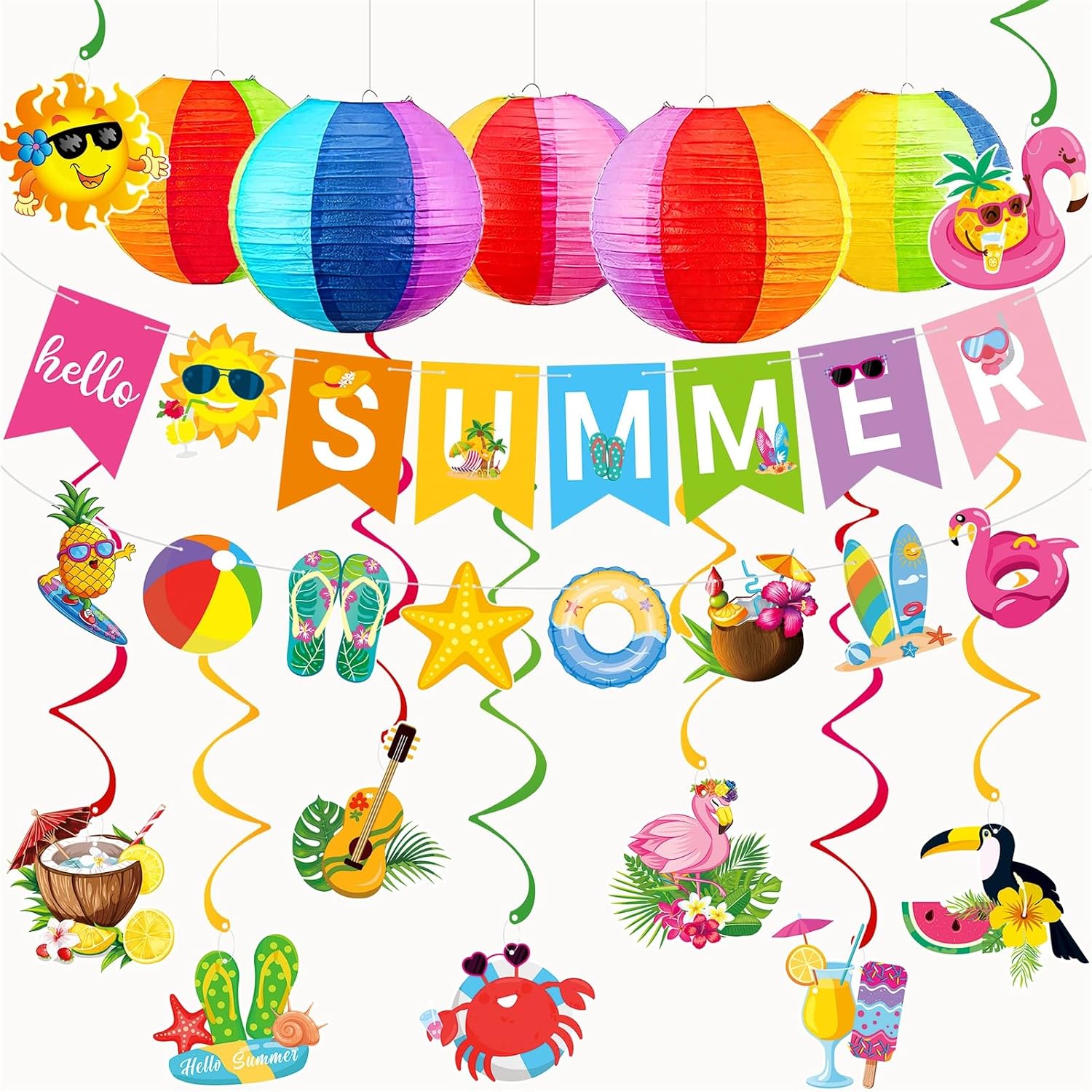 Hello Summer Party Decorations with Lantern & Swirls Beach Pool Party Decor