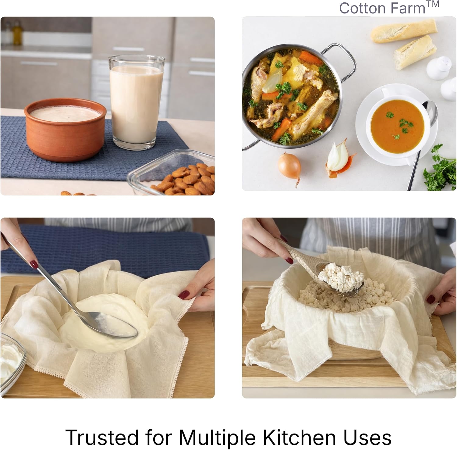 Cotton Farm Grade 100 Cheese Cloths for Straining & Cooking, 18 × 18 Inch, 100% Unbleached Cotton Cheesecloth, Butter Muslin, Finished Edge, Reusable & Pre-Washed