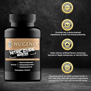 Nugenix Nitric Oxide Booster Supplement - Nitric Oxide Flow, L-Arginine, L-Citrulline, Pine Bark Extract - Vasodilator - 100 Capsules