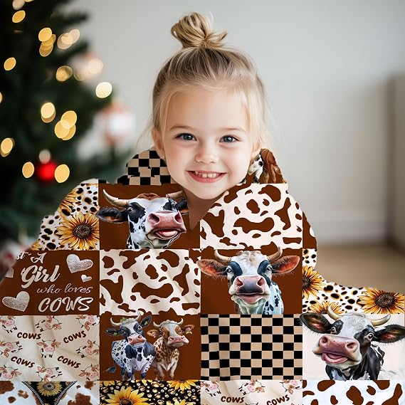 Highland Cow Blanket Cow Lover Gift 30''x40'' | Sunflower Checkered Cow Print Flannel Throw Blanket, Soft Lightweight Blanket for Rustic Farmhouse Couch Room Decor Gift