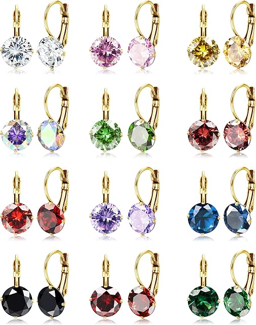 Kakonia 12 Pairs Leverback Dangle Earrings Set for Women Gold Plated CZ Stainless Steel Earrings 10MM Multicolor Cubic Zirconia Drop Earrings