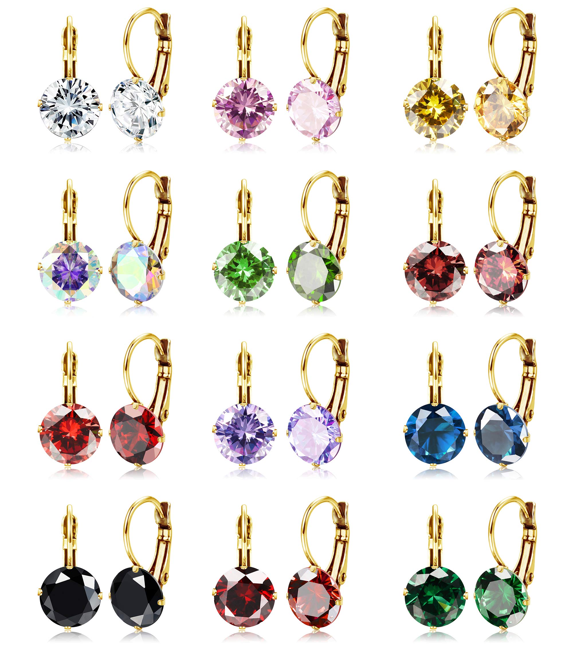 JOERICA 12 Pairs Leverback Dangle Earrings Set for Women Gold Plated CZ Stainless Steel Earrings 6/10MM Multicolor Cubic Zirconia Drop Earrings